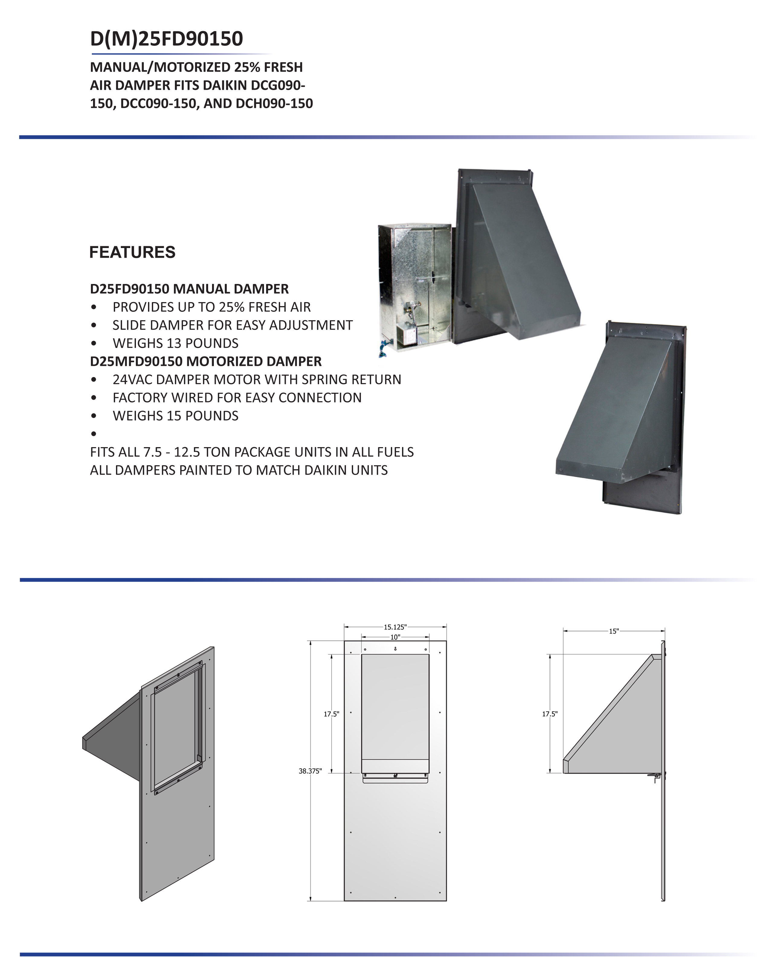 7.5 - 12.5 Ton Daikin 25% Motorized Fresh Air Damper  DCC, DCG, DCH Models  D25MFD90150